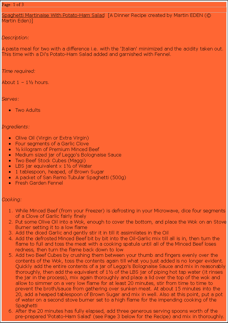 'Spaghetti Martinaise With Potato-Ham Salad' Dinner Recipe (Page 1)